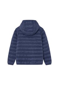 Jachetă căptușită albastru marin cu glugă, cu linii orizontale quilted, manșete elastice și o textură netedă. Vedere din spate afişată.