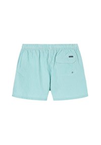 Pantaloni da bagno a righe azzurro chiaro con vita elastica, dotati di tasca posteriore e di un piccolo etichetta con logo. Il tessuto sembra liscio e leggero.