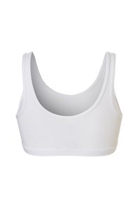 Witte tanktop stijl beha van soepel, rekbaar materiaal. Beschikt over brede banden en een ronde halslijn, met zachte randen en geen sluitingen.