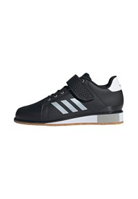 Black athletic shoe with mesh upper, grey accents, rubber sole, and a hook-and-loop strap for secure fit. Features three stripes logo.