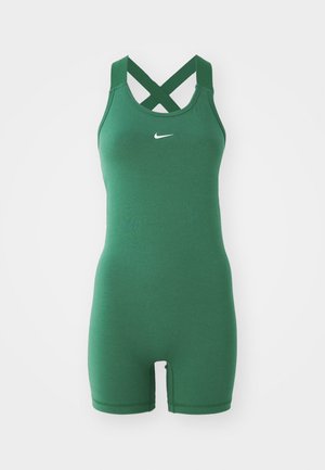 Green Nike sports unitard with a fitted design, crisscross straps, and a small white logo on the chest. Made of smooth, stretchy material.