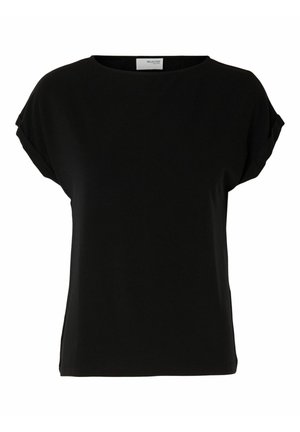 T-shirt noir à manches courtes avec un large col rond, en coton doux, au fit décontracté et avec des manches retroussées pour des détails supplémentaires.