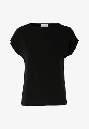 Schwarziertes T-Shirt mit kurzen Ärmeln, weitem Rundhalsausschnitt, weichem Baumwollstoff, lockerer Passform und umgeschlagenen Ärmeln für zusätzlichen Details.