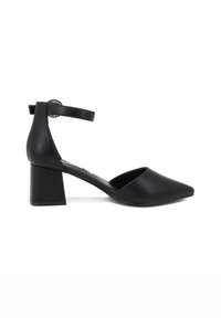 Décolleté con cinturino alla caviglia neri, con punta appuntita, realizzati in pelle liscia, con tacco a blocco e un'accents di fibbia circolare.