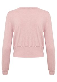 Vaaleanpunainen lyhyt neulepaita, jossa pitkät hihat, resoroitu pääntie ja hihansuut sekä aaltoileva helmareuna. Pehmeä koostumus ja kevyt neulepintainen viimeistely.