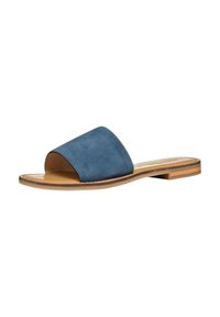 Sandalo scivoloso in suede blu con una larga fascia superiore, open toe e suola in legno piatta. Design semplice adatto per un abbigliamento casual.