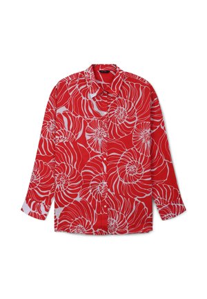 Red button-up shirt featuring a white spiral floral pattern, long sleeves, spread collar, and smooth fabric texture.