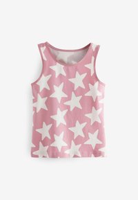 Roze katoenen tanktop met grote witte sterrenpatronen, ronde halslijn en mouwloos ontwerp. Zachte textuur met gestikte randen.