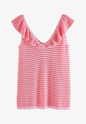 Różowo-biały prążkowany, bezrękawnik swetrowy z falbankowym dekoltem w kształcie litery V i detalami na ramionach na białym tle.