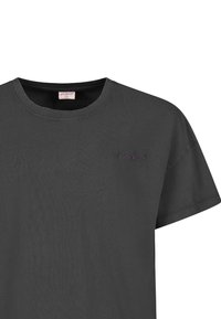 Donkergrijze katoenen t-shirt met een ronde hals, korte mouwen en een klein paars geborduurd logo op de borst.