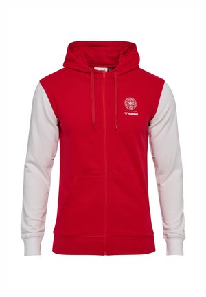 Red zip-up hoodie with white sleeves, front pockets, drawstring hood, and white DBU and hummel logos on the left chest.