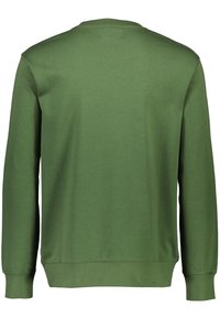 Felpa di cotone verde con maniche lunghe, scollo rotondo, polsini e orlo a costine. Texture liscia, colore uniforme e senza motivi o accenti visibili.