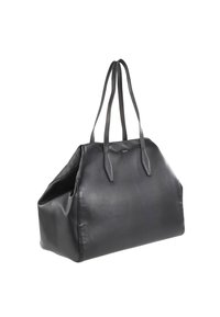 Sac tote en cuir noir avec deux longues poignées, une forme structurée, une texture lisse et un design minimaliste sans quincaillerie ni accents visibles.
