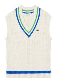 Maglione senza maniche a trecce color crema con scollo a V profondo, caratterizzato da strisce verdi e blu lungo il colletto e l'orlo inferiore. Logo Lacoste ricamato.