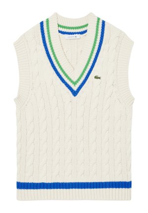 Suéter sin mangas de punto trenzado en color crema con un escote en V profundo, que presenta rayas verdes y azules a lo largo del cuello y el dobladillo inferior. Logo de Lacoste bordado.