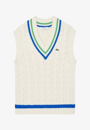 Suéter sin mangas de punto trenzado en color crema con un escote en V profundo, que presenta rayas verdes y azules a lo largo del cuello y el dobladillo inferior. Logo de Lacoste bordado.