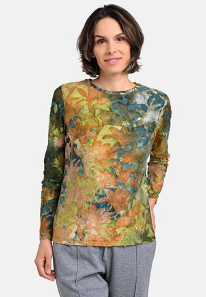 Langarmhemd mit einem mehrfarbigen Blumenmuster in den Farben Grün, Orange und Blau, aus einem weichen, strukturierten Stoff und mit rundem Halsausschnitt.