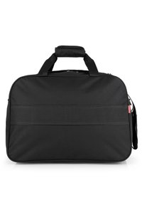 Schwarze Stoff-Duffel-Tasche mit glatter Textur, zwei Griffen, verstellbarem Schultergurt und einer flachen Außentasche.