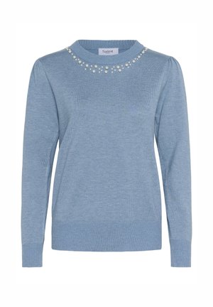 Light blue sweater with long sleeves, ribbed hem and cuffs, featuring a decorative pearl detail around the neckline. Made from soft fabric.