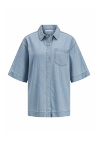 Camicia in denim azzurro chiaro a maniche corte con colletto, tasca sul petto e dettagli di cucitura visibili. Vestibilità rilassata con orlo dritto.