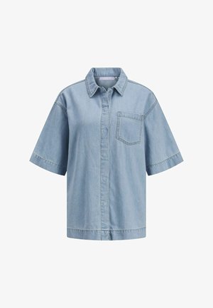 Light blue denim short-sleeve shirt with a collar, single chest pocket, and visible stitching details. Relaxed fit with a straight hem.