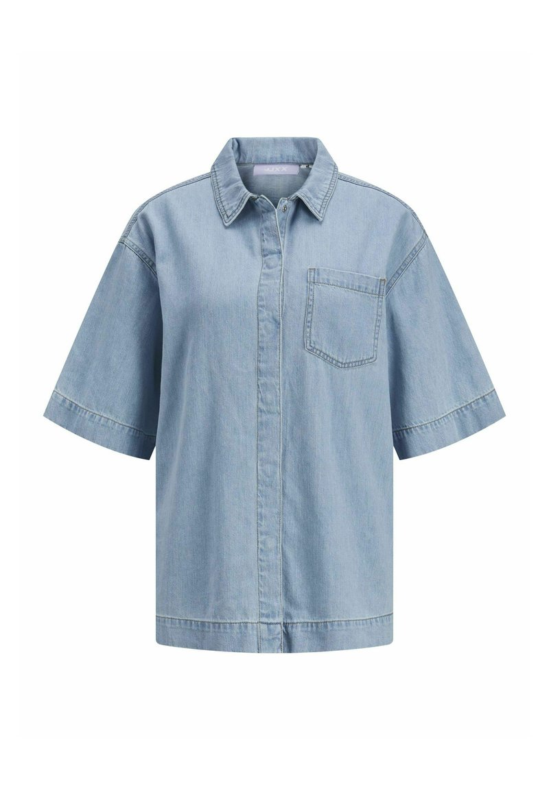 Camicia in denim azzurro chiaro a maniche corte con colletto, tasca sul petto e dettagli di cucitura visibili. Vestibilità rilassata con orlo dritto.