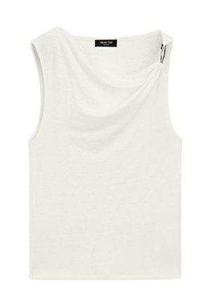 Biały top bez rękawów z drapowanym dekoltem i srebrnym ozdobnikiem na prawym ramieniu, oznaczony jako Massimo Dutti.