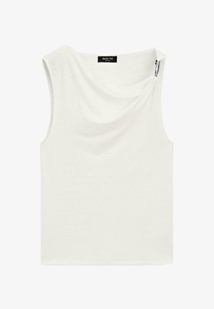 Haut blanc sans manches avec un col drapé et un détail épingle argentée sur l'épaule droite, étiquette Massimo Dutti.