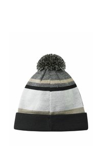 Dzianinowa czapka z czarnym złożonym mankietem, z naprzemiennymi paskami w kolorach czarnym, beżowym i białym, wykończona czarnym pomponem.