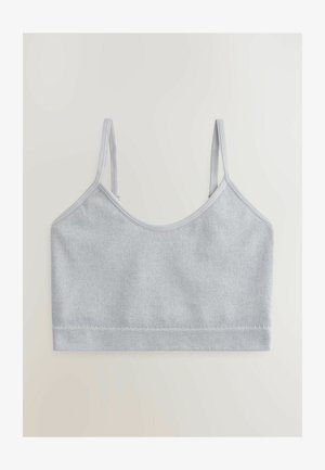 Gaiši pelēks ribots bralets ar plānām regulējamām siksnām un gludu jostu. Iespējama bezšuvju dizains un maiga tekstūra. Piemērots slāņošanai.