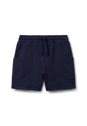 Marineblaue Baumwollshorts mit elastischem Bund, Kordelzug und zwei Seitentaschen, die ein dezentes Logo-Detail auf der linken Tasche aufweisen.