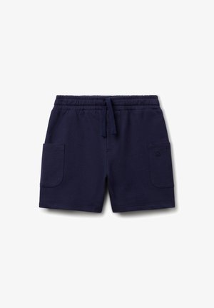 Shorts en coton bleu marine avec une taille élastique, un cordon de serrage et deux poches latérales, présentant un détail de logo subtil sur la poche gauche.