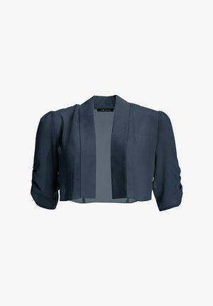 Navy cropped jasje met opgezette mouwen, gemaakt van gladde stof. Open voorkant ontwerp met satijnen accenten en een ontspannen pasvorm.