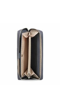 Portafoglio grigio con cerniera, interno beige con motivo, più scomparti e tasca centrale con cerniera per monete.