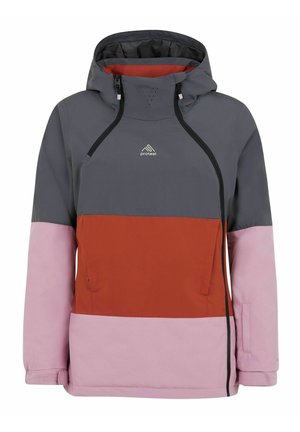 Color-block jacket featuring gray, red, and pink panels. Constructed from a smooth material with an adjustable hood and zipper pockets.