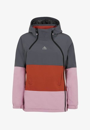 Color-block jacket featuring gray, red, and pink panels. Constructed from a smooth material with an adjustable hood and zipper pockets.