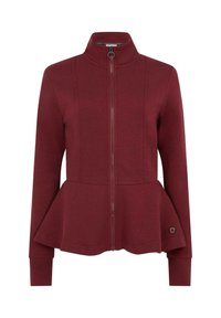 Burgundská bunda na zip s peplum lemem, žebrovanými manžetami a límcem. Hladká látka s detaily švů a logem blízko lemu.