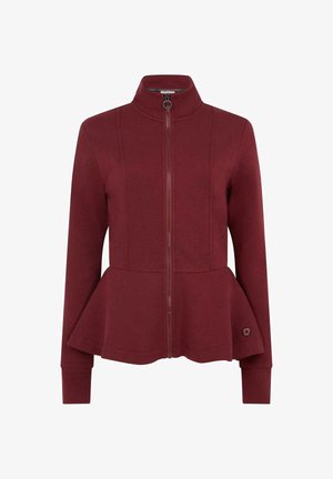 Bordowa kurtka na zamek z baskinką, ściągaczami na rękawach i kołnierzu. Gładki materiał z detalami szwów i logo przy dolnym brzegu.