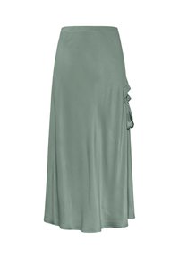 Een midi-rok in een zachte, lichtgroene stof met een gladde textuur, voorzien van geplooide accenten aan één kant en een vloeiende zoom.