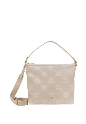 Beige håndtaske med cirkulært mønstret stof, lynlås i gullignende tone, kort håndtag og aftagelig justerbar skulderrem.