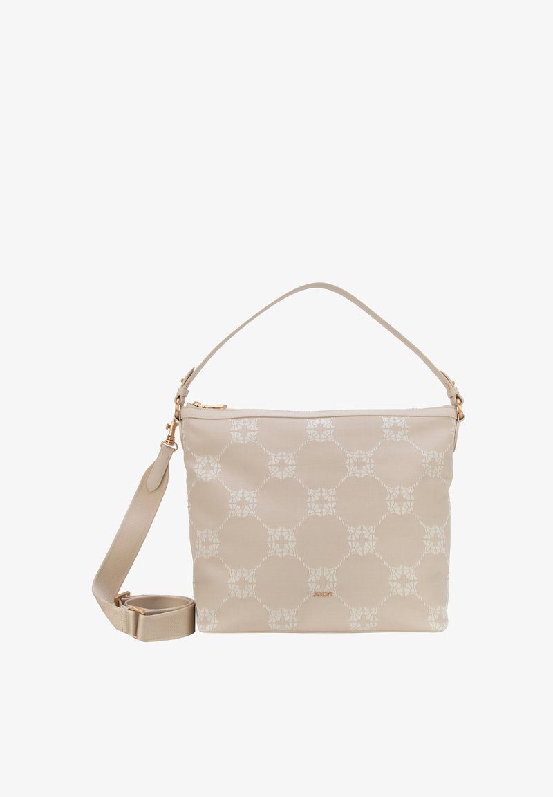 Sac à main beige avec tissu à motifs circulaires, fermeture éclair dorée, poignée courte et bandoulière détachable et ajustable.