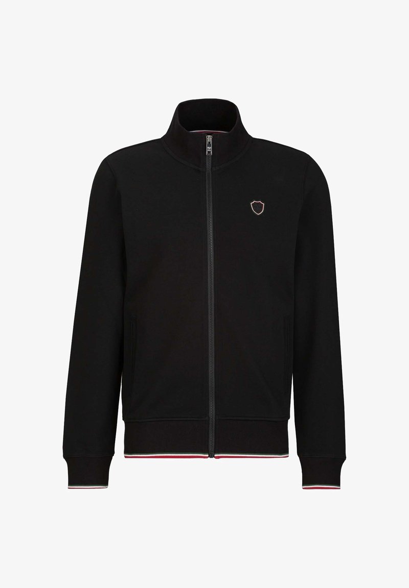 Veste noire à fermeture éclair avec col haut, poignets et ourlet côtelés. Présente un logo discret sur la poitrine gauche et un accent rayé contrastant à l'ourlet.