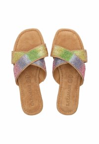 Flat sandals with a beige suede insole and multicolored sparkling rhinestone straps arranged in a crossed design.