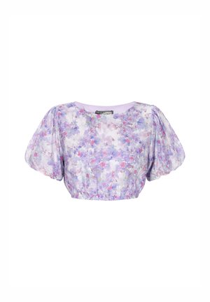 Lila kukkakuosiset lyhyet hihat, joissa on puffihihat, joustava helma ja kevyt, läpikuultava kangas, jossa on purppuran ja vaaleanpunaisen värisiä kukkakuoseja.