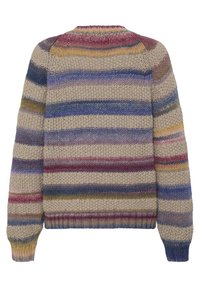 Pull en tricot épais avec des rayures horizontales dans des tons beige, bleu, violet, jaune et rose vu de dos.
