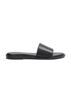 Black leather slide sandal with wide upper strap and flat sole. Smooth texture, minimal design, and no visible hardware or accents.