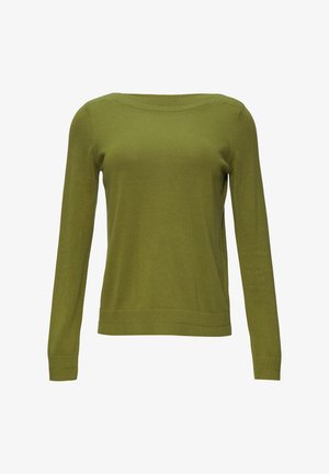 Olive zaļš garām piedurknēm svīteris ar plašu kakla izgriezumu, ribotām aprocēm un nedaudz brīvu piegriezumu. Izgatavots no mīksta, adīta auduma.