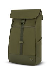 Olíva zöld hátizsák, roll-top kialakítással, strapabíró anyagból készült, elülső cipzáras zsebbel és állítható heveder hardverrel.