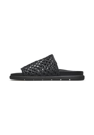 Sandalo slide nero con cinturino intrecciato e suola imbottita, progettato per un uso casual e facile da indossare.