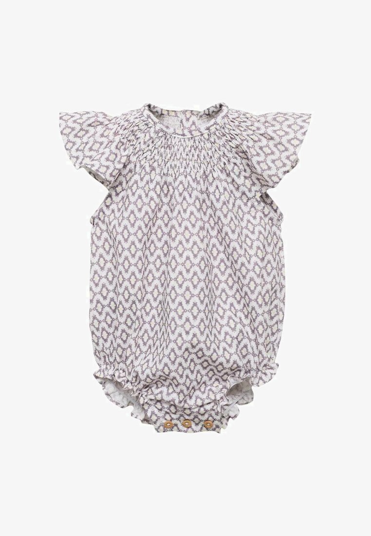 Svetlo vijoličast romper z vzorcem, s nabranimi rokavi, nabranim izrezom in pritisnimi gumbi na dnu. Mehka, lahka tkanina.